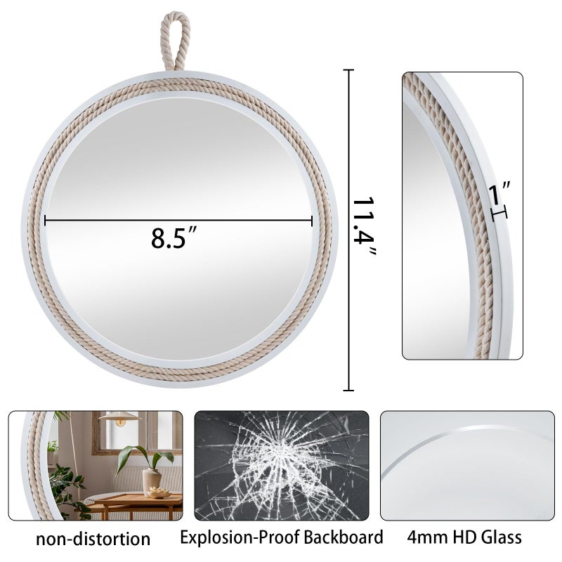 Decor Trends Small Decorative Mirror 11.4'' Round Hanging Mirror for Wall Nautical Rope Mirror for Bathroom Office Living Room All Occasions, White Accent 2 - Image 2